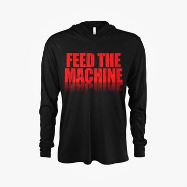Front view of Mama T's Feed The Machine Hooded Long Sleeve Shirt in Black and Red